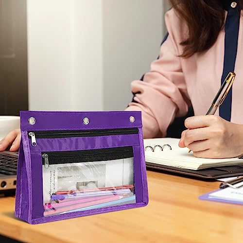 YoeeJob 1 Pack Pencil Pouch for 3 Ring Binder, Expandable Binder Pouches with Zipper, Large Capacity Pen Holder Case with Clear Window School Class Office Organizers, Purple - color: Purple