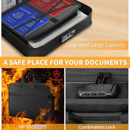 JUNDUN Fireproof Document Organizer with Lock | 13 Pockets Accordion File Organizer with Handle & Zipper, Multi-Pockets Organizer Folder for Files and More