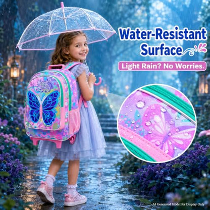 WZLVO 3PCS Roller Backpack for Girls, 18" Sparkling Butterfly Print Kids Rolling Backpack, Includes Matching Lunch Bag & Pencil Bag - Butterfly with Wings (Pink) - color: 3pcs Girls Rolling Backpack - Butterfly With Wings