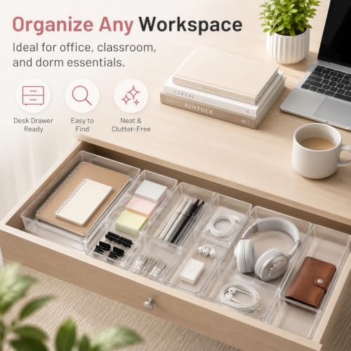 10 Pack Large Drawer Organizer Bins - Clear Plastic Bathroom Drawer Organizer Trays - Heavy Duty Kitchen Drawer Dividers for Utensils - Non-Slip Storage Bins for Makeup, Bedroom, Office Desk - size: 10 Pack