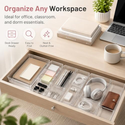 8 Pack Large Clear Plastic Drawer Organizer Bins - Acrylic Bathroom Drawer Organizer Trays - Heavy Duty Kitchen Drawer Dividers for Utensils - Non-Slip Storage Bins for Makeup, Bedroom, Office Desk - size: 8 Pack