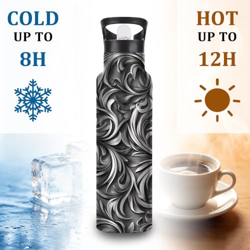 Black Vines Insulated Water Bottle with Straw 20 oz,Silver Foil Stainless Steel Leak Resistant Double Wall Water Bottles with Handle for Gym Sports Travel Outdoor - color: Black Vines,Silver Foil