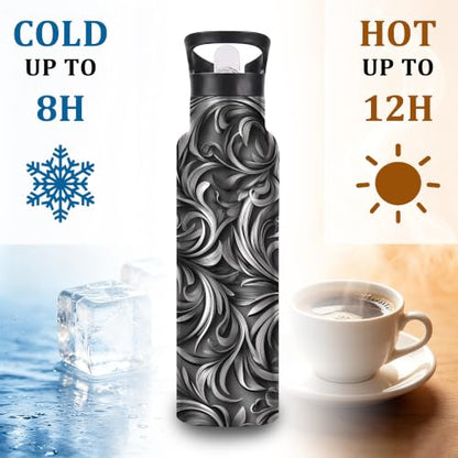Black Vines Insulated Water Bottle with Straw 20 oz,Silver Foil Stainless Steel Leak Resistant Double Wall Water Bottles with Handle for Gym Sports Travel Outdoor - color: Black Vines,Silver Foil