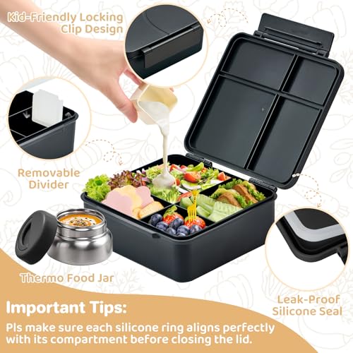 JSLOVE Bento Lunch Box with Leak Proof Thermos Food Jar for Kids, Food Lunch Containers for Boys with 4 Compartments, BPA-Free with Utensils, Food Picks, Sauce Jar & Silicone Lunch Box Dividers - color: Black