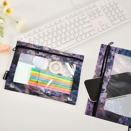 2 Pack Pencil Pouch for 3 Ring Binder Fox Cherry Blossom Tree Pencil Case Pouch with Clear Window Zipper Binder Pencil Pouches Pen Bag for Office School Supplies - color: Fox Cherry Blossom Tree