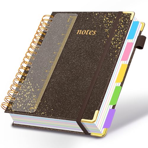 Hardcover Spiral Notebook with Removable Dividers & Tabs, 8.5"x11" 5 Subject Notebooks for Work, 300 Pages College Ruled Notebook, A4 Sparkle Lined Journal for Women Girls Note-Taking (Brown) - color: Brown, size: 8.5''x 11''