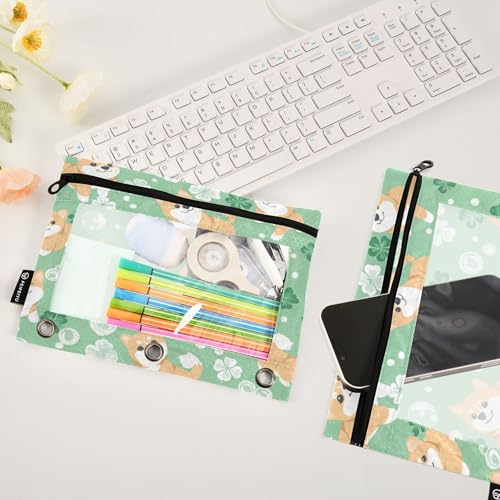 Shiba Inu Clover Dog Binder Pouch 3 Ring Clear Pouches with Zipper Pen Organizer for Office, 2 Pack - color: Multi-shiba Inu Clover Dog