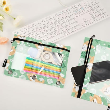 Shiba Inu Clover Dog Binder Pouch 3 Ring Clear Pouches with Zipper Pen Organizer for Office, 2 Pack - color: Multi-shiba Inu Clover Dog
