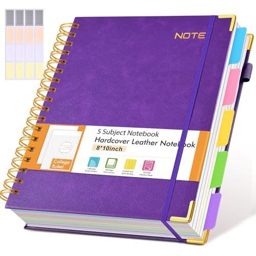 Hardcover Large Spiral Notebook journal with Removable Dividers Tabs, 300 pages Leather 5 Subject Notebook College Ruled, 8" x 10"Journal for Women Men, Notebooks for Work School Note taking,B5 Purple - color: Purple, size: B5（8" x 10"）