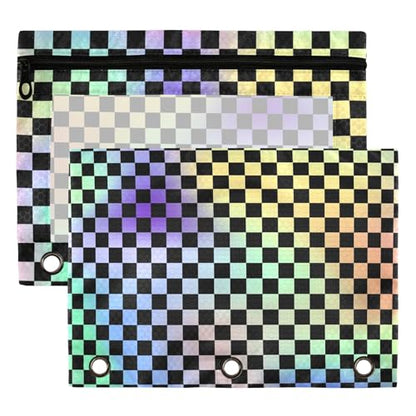 Rainbow Buffalo Plaid Binder Pouches 3 Ring for Boys Girls School Office College Supplies Black Chessboard Blue Yellow Aqua Pencil Pouches Case Bag with Clear Window and Zipper 2 Pack - color: Darkviolet