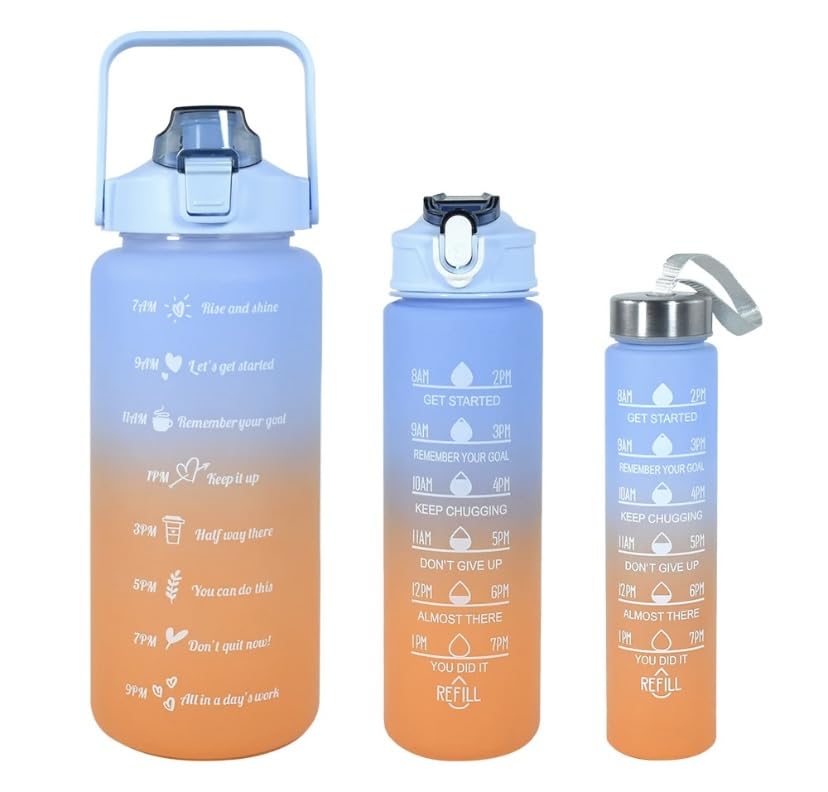 Motivational Water Bottle with Time Markers, 32 oz, Gradient Blue-Orange, 3 Sizes, set of 3pcs