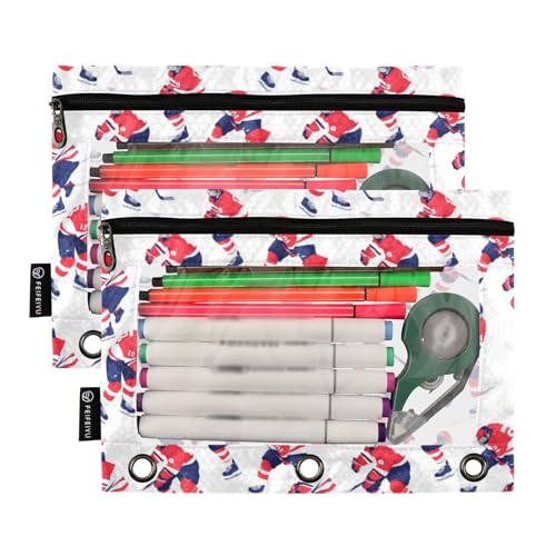 Binder Pencil Pouches Ice Hockey Pen Case Cartoon Players | Clear Window 3 Rings, Cosmetic Bags School Office Supplies Cosmetic Makeup Bag 2 Psc - color: Multicolored-4