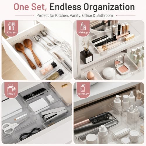 8 Pack Large Clear Plastic Drawer Organizer Bins - Acrylic Bathroom Drawer Organizer Trays - Heavy Duty Kitchen Drawer Dividers for Utensils - Non-Slip Storage Bins for Makeup, Bedroom, Office Desk - size: 8 Pack