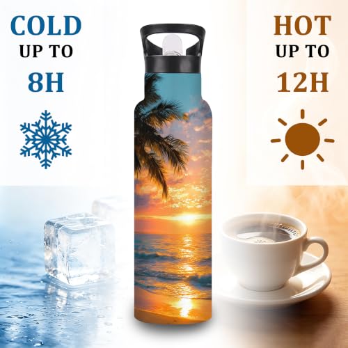 Water Bottles with Straw,Beach Sunset Stainless Steel Cup Leak Resistant Double Wall Palm Trees Insulated Water Bottle with Handle for Gym Cycling Hiking Office 20 oz - color: Beach Sunset,Palm Trees