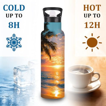 Water Bottles with Straw,Beach Sunset Stainless Steel Cup Leak Resistant Double Wall Palm Trees Insulated Water Bottle with Handle for Gym Cycling Hiking Office 20 oz - color: Beach Sunset,Palm Trees