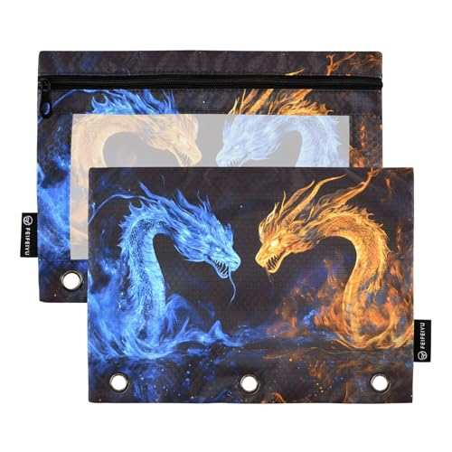 SUABO Blue Dragon Orange Fire Dragon Pencil Pouch for 3 Ring Binder, 2 PCS Binder Pencil Pouch with Zipper, Clear Window Zipper Pencil Case for Office Supplies - color: Gragon2