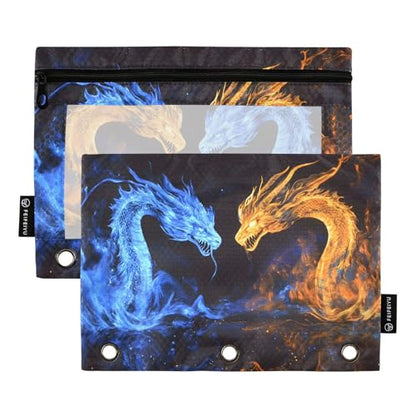 SUABO Blue Dragon Orange Fire Dragon Pencil Pouch for 3 Ring Binder, 2 PCS Binder Pencil Pouch with Zipper, Clear Window Zipper Pencil Case for Office Supplies - color: Gragon2