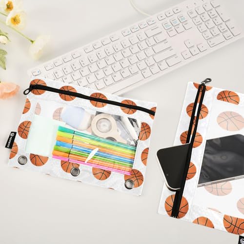 Basketball Pencil Pouches for 3 Ring Binder, Zipper Binder Pencil Case, 2 Pack Clear Window Case Bag for Office Organizers - color: Basketball
