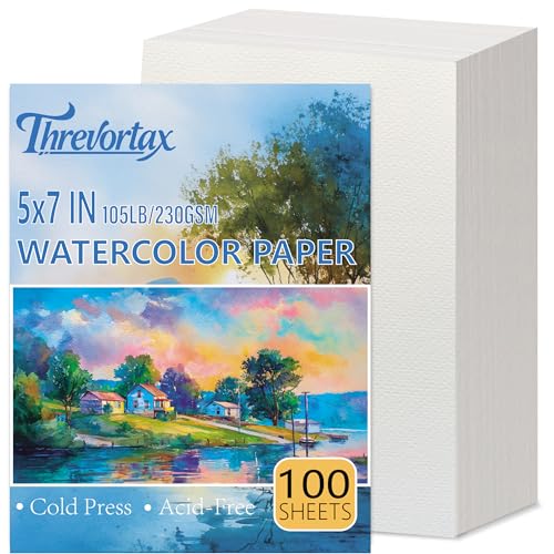 Threvortax 100 PCS Watercolor Paper 5X7 Inch 105LB/230GSM Cold Press Water Color Paper for Students and Beginners, Acid-Free Heavyweight Art Sheets for Painting, Printing, Scanning & Crafting - color: 100 Sheets, size: 5x7 Inches