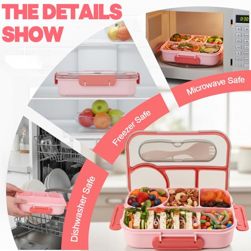 Bento Box for Adults,4 Compartments Lunch Box, Snack Containers Reusable Lunch Containers Drop-Proof, Dishwasher Safe & Made with BPA-Free Materials, Pink - color: Pink
