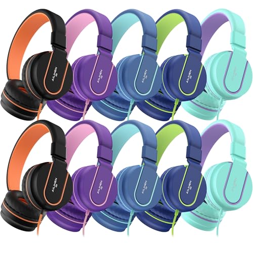 AILIHEN Kids Headphones Bulk 10-Pack for K-12 School Classroom, On-Ear Wired Headset with Microphone for Students Children with 93dB Volume Limited, 3.5mm Jack for Chromebooks Tablets Laptop Computer - color: 10Pack