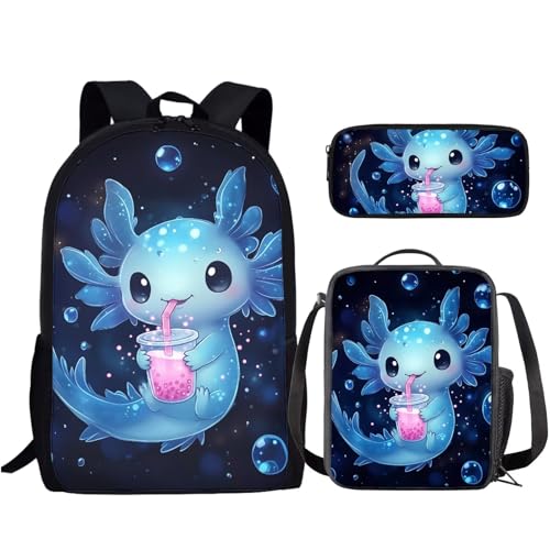 Blue Axolotl Kids Backpack Set 3Pcs with Lunch Bag Pen Bag Set Portable Lunch Bag Multifunctional Pencil Case Lightweight Casual Daypacks for Elementary School Students - color: Blue Axolotl