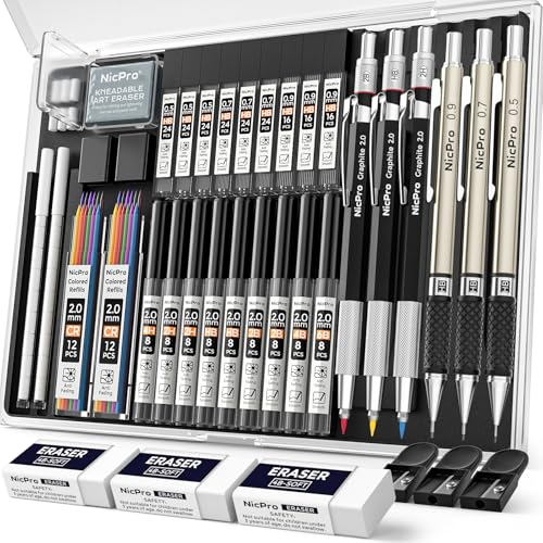 Nicpro 35PCS Art Mechanical Pencil Set, 3 PCS Metal Drafting Pencil 0.5 mm & 0.7 mm & 0.9 mm & 3 PCS 2mm Lead Holder (6B 4B 2B HB 2H 4H Colors) For Sketching Drawing With 20 Tube Lead Refills Case - color: Black, style: 0.5 0.7 0.9 2.0