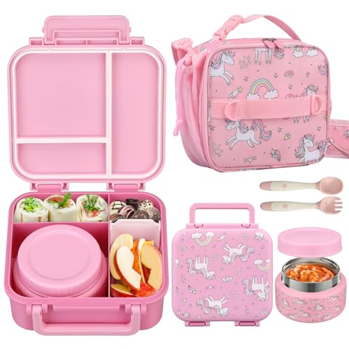 Kids Lunch Box Set with Bento Box, 9oz Stainless Steel Thermo & Insulated Lunch Bag – Hot & Cold Leakproof Lunch Container with Utensils for School & Travel - color: Pink