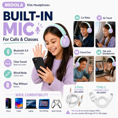 MIDOLA Kids Bluetooth Headphones 68H Play Time,Volume Limit 85/94dB, Foldable Lightweight Wireless Over-Ear Headphone for Toddler Kid Child,Headsets with Aux Built-in Mic Light Purple - color: Light Purple