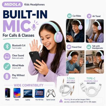 MIDOLA Kids Bluetooth Headphones 68H Play Time,Volume Limit 85/94dB, Foldable Lightweight Wireless Over-Ear Headphone for Toddler Kid Child,Headsets with Aux Built-in Mic Light Purple - color: Light Purple