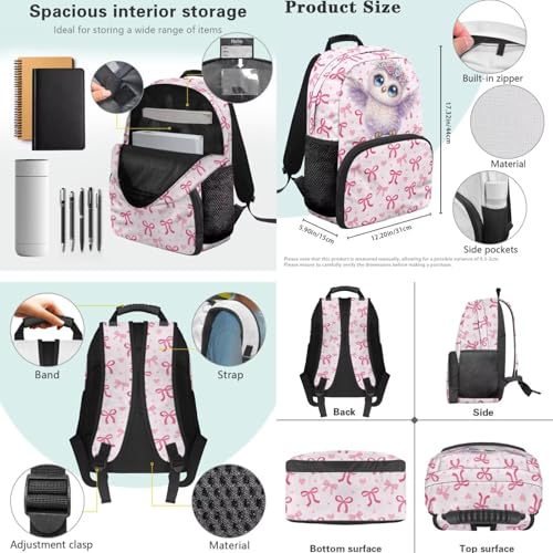 17 inch Backpack for Kids,Owl Large Capacity Bookbag with Lunch Box Pencil Case Set Rucksack Satchel School Bags 3 In 1 Set School Supplies for Girls - color: Pink Bows-owl