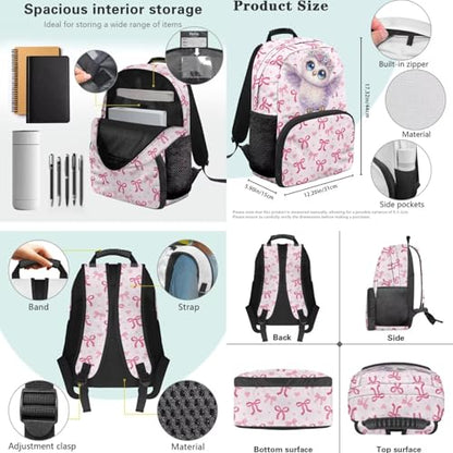 17 inch Backpack for Kids,Owl Large Capacity Bookbag with Lunch Box Pencil Case Set Rucksack Satchel School Bags 3 In 1 Set School Supplies for Girls - color: Pink Bows-owl