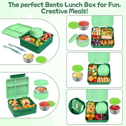 Aimsnk Lunch Box Kids with Thermo Insulated Lunch Bag for School, Green | Bento Lunch Box for Kids with 8oz Food Jar, Leak Proof Hot Lunch Containers with 4 Compartment, Warm Lunchbox for Toddler - color: Green
