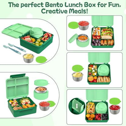 Aimsnk Lunch Box Kids with Thermo Insulated Lunch Bag for School, Green | Bento Lunch Box for Kids with 8oz Food Jar, Leak Proof Hot Lunch Containers with 4 Compartment, Warm Lunchbox for Toddler - color: Green