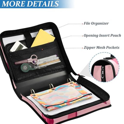 Bow Cherry Pink Zipper Binder Bag 3 Ring Binder with Shoulder Strap Zip Up 500 Sheets Capacity Multi Pockets for School Office Supplies - color: Multi1499, size: Fit 500 Sheets