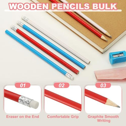PATIKIL Round Wooden Pencils Bulk, 24 Pack HB Graphite Pencils with Eraser for Office Supplies, Engineering Marking Writing Art Drawing Supplies, Red - color: Red