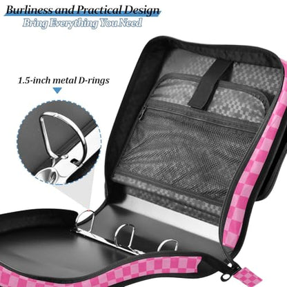 Zipper Binder Bag 3 Ring File Folder Portfolio Organizer Zippered Binder Bags with Strap Fits Laptop Women Men - color: 26-pink Checkered