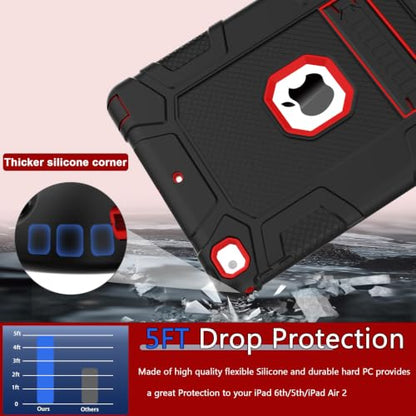 iPad 6th Generation Cases, iPad 5th Generation Case, iPad Air 2 Case, iPad 9.7 Case, Shockproof Rugged Drop Protection Cover Built with Kickstand for iPad 9.7'' A1893/A1954/A1822/A1823 - color: Black+Red