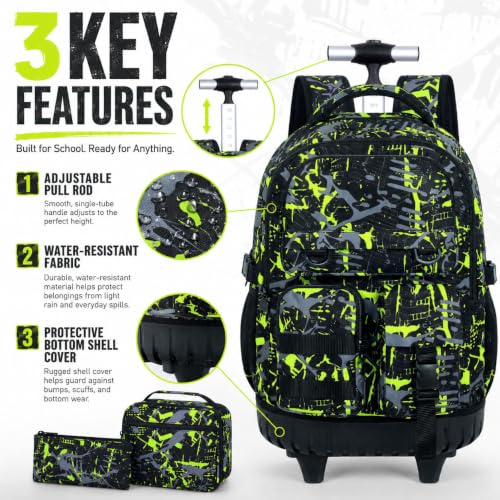 WZLVO 3PCS Roller Backpack, Water Resistance Boys Wheeled Bookbag, Rolling School Bag Set with Lunch Box & Pencil Bag for Teens & Kids - Spray Painted Green - color: 3pcs Boys Rolling Backpack - Spray Painted Green
