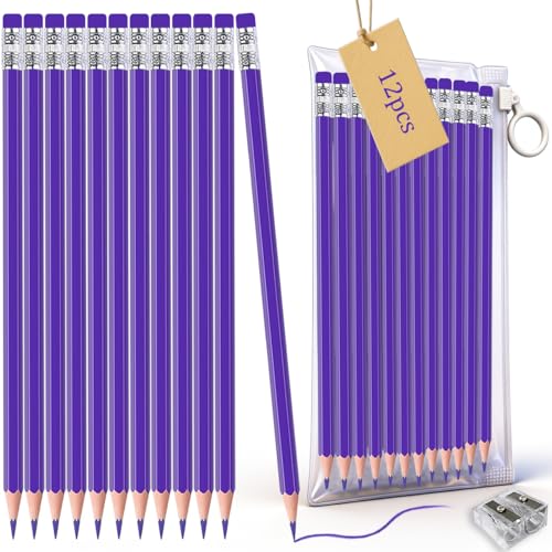 Adhere Purple Colored pencils 12pcs Erasable Checking Pencils Pre-Sharpened #2 HB,for Checking Tests Grading,Map Coloring,editing Office Favors,including a Free sharpener - color: Purple