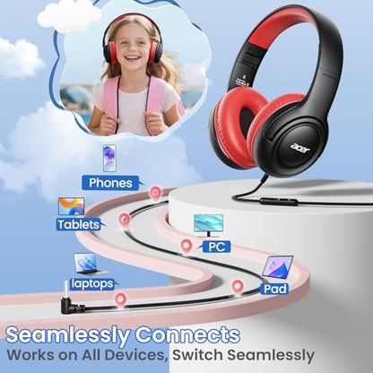 acer Kids Headphones - Over-Ear 85/94dB Volume Limiter, 3.5mm Jack Foldable Stereo Sound Headset for Toddlers Girls Boys Travel Learning Entertainment Tablet Kindle iPad PC Black Red, HK03 - color: Black Red