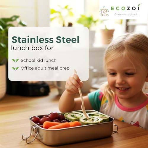 ecozoi Stainless Steel Lunch Box for Kids and Adults with 50 ml Sauce Container, 1-Tier Metal Bento Box Leak Proof with 5 Compartments, 50 Oz Metal Lunch Container, Meal Prep Food Container, - size: 3 Compartment 24 Oz