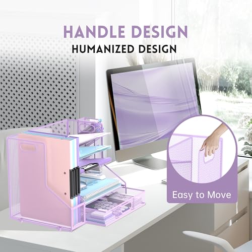 5-Tier Desk Organizer with File Holder & Pen Holder & Drawer, Purple | Mesh Metal Paper Letter Tray for Papers, Mail, Office Supplies, and Desk Accessories - color: Purple
