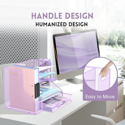 5-Tier Desk Organizer with File Holder & Pen Holder & Drawer, Purple | Mesh Metal Paper Letter Tray for Papers, Mail, Office Supplies, and Desk Accessories - color: Purple