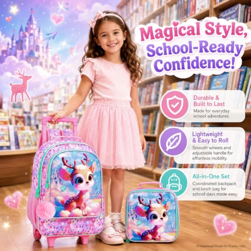 gxtvo Girls Rolling Backpack, Cute Deer Roller Wheels Kids Bookbag - Wheeled Elementary School Bag - 3PCS Deer - color: Uv Printing Clouds Sika Deer Rolling Backpack