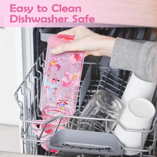 20oz Kids Water Bottle For School or Travel, Leak-Proof & Dishwasher, Durable Plastic Sport Water Bottle With Straw and Handle, Carousel - color: Pink carousel