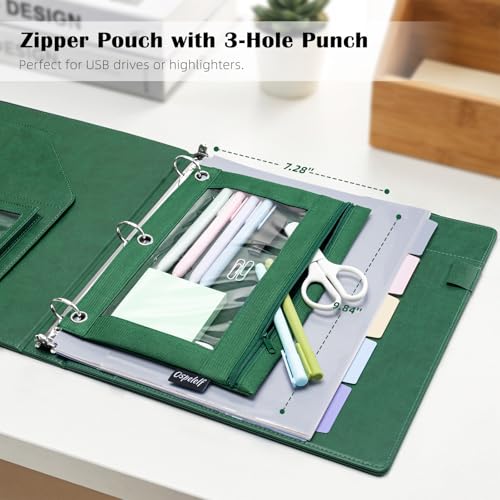 Ospelelf Green Leather 3 Ring Binder 1 Inch Round Ring, Magnetic Clipboard Folio with Storage Zipper Pouch, 5 Dividers with 10 Pockets, Professional Binder for School Office Nursing - color: Green