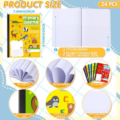 Watersay 24 Pcs Primary Composition Notebook K-2 with Picture Space Primary Journal Grades K-2 Animal Print 50 Sheet (100 Pages) Drawing and Writing Notebook for Preschool, 1st 2nd Grade (6 Color) - color: 6 Color