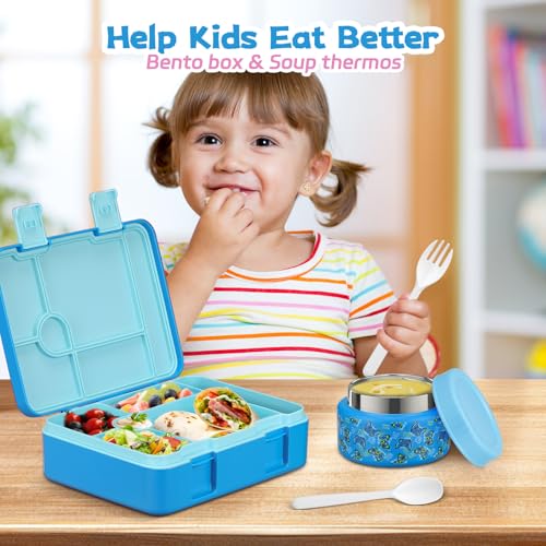 Bento Lunch Box Kids and 9oz Soup Thermos – 5.5-Cup Leakproof Kids Bento Box with Ice Pack & 9oz Insulated Food Jar – Hot & Cold Food Lunch Container for Boy Girl School, Blue Set - color: Blue Set