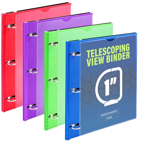 WOT I 1 Inch Telescoping 3 Ring Binder 4 Pack, Expandable Flexible Binder with Customizable Front Cover & Clear Catalog Pocket, Holds 8.5"x11" Paper, Assorted Colors, School Office Supplies - color: Bold Assortment -With Front Cover, size: 1 Inch